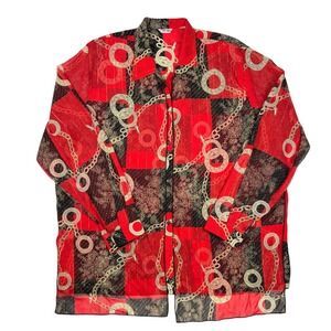 WON MOA Red Black Gold Chain Print Sheer Long Sleeve Button Up Shirt L NEW